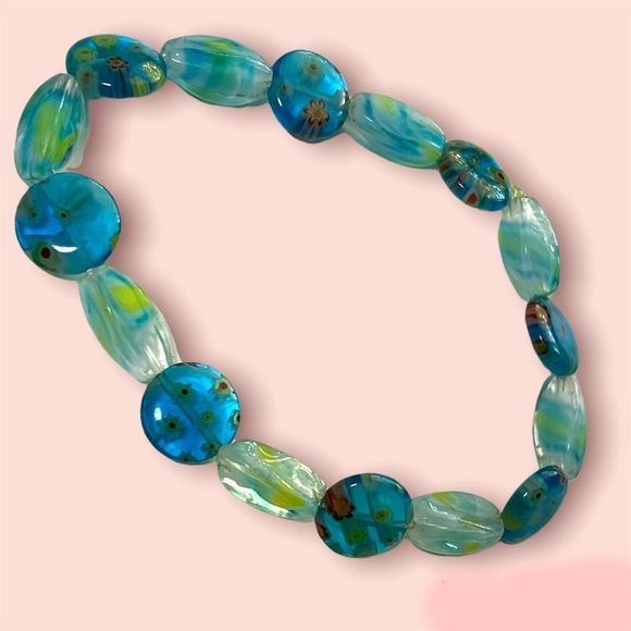 Aqua Murano Glass Venetian Bead Stretch Bracelet! - Picture 2 of 3